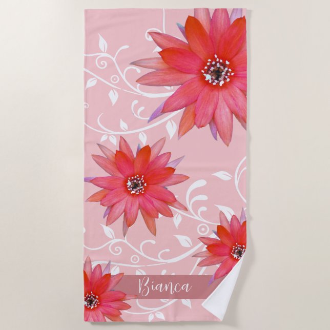 Whimsical Red Flowers Swirly Leaves Add Name Pink Beach Towel (Front)