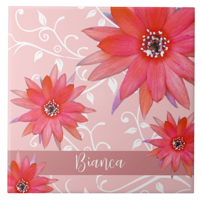 Whimsical Red Flowers Swirly Leaves Add Name Pink Ceramic Tile (Front)