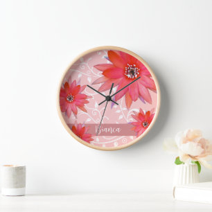 Whimsical Red Flowers Swirly Leaves Add Name Pink Clock