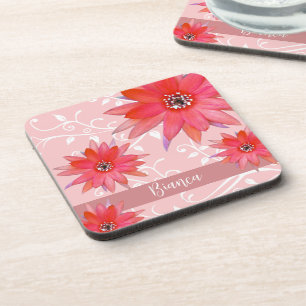 Whimsical Red Flowers Swirly Leaves Add Name Pink Coaster