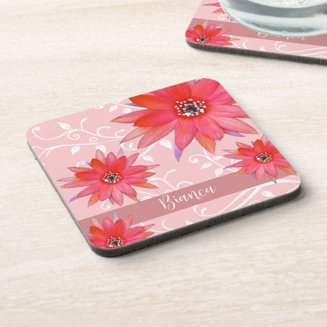 Whimsical Red Flowers Swirly Leaves Add Name Pink Coaster (Left Side)