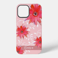 Whimsical Red Flowers Swirly Leaves Add Name Pink