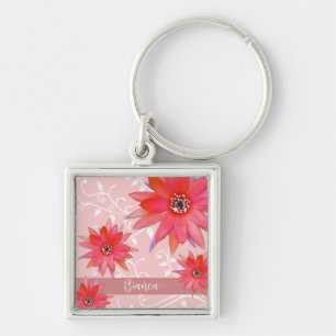 Whimsical Red Flowers Swirly Leaves Add Name Pink Key Ring