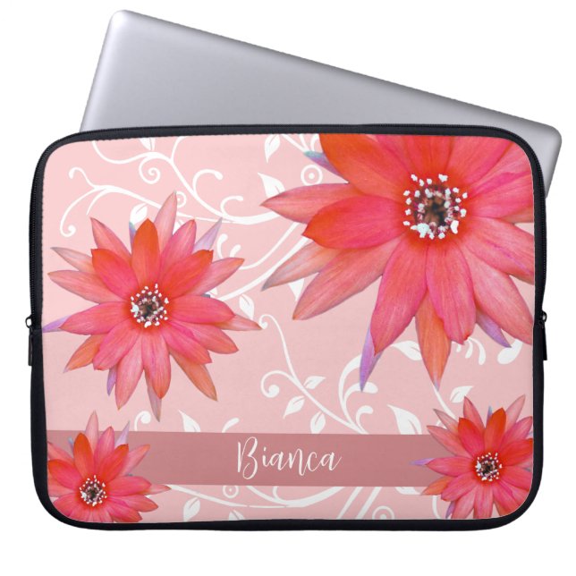Whimsical Red Flowers Swirly Leaves Add Name Pink Laptop Sleeve (Front)
