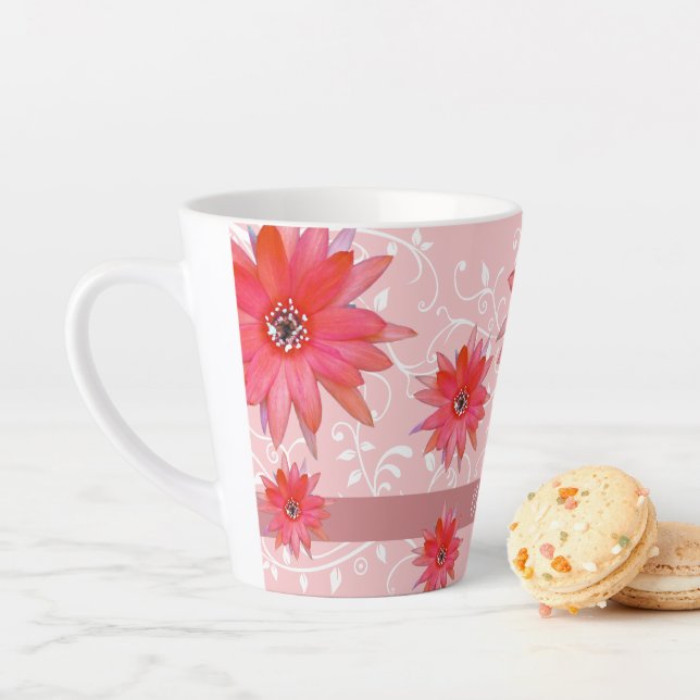 Whimsical Red Flowers Swirly Leaves Add Name Pink Latte Mug (In Situ)