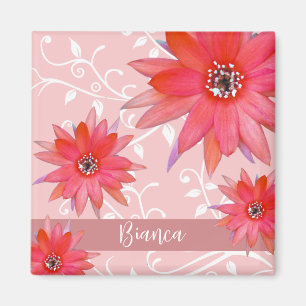 Whimsical Red Flowers Swirly Leaves Add Name Pink Magnet