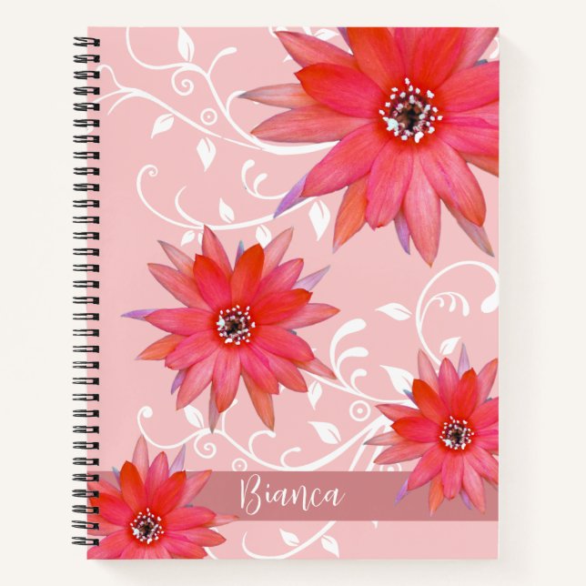 Whimsical Red Flowers Swirly Leaves Add Name Pink Notebook (Front)