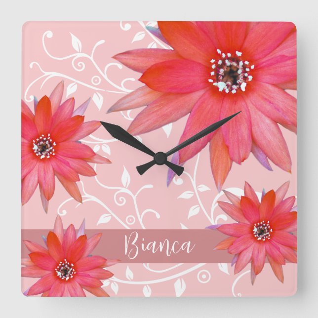 Whimsical Red Flowers Swirly Leaves Add Name Pink Square Wall Clock (Front)