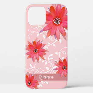 Whimsical Red Flowers Swirly Leaves Pink iPhone 12 Case
