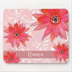 Whimsical Red Flowers Swirly Leaves Pink Mouse Pad