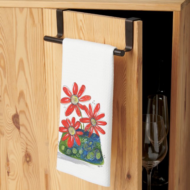 Whimsical Red Flowers Tea Towel (Thirds Fold)