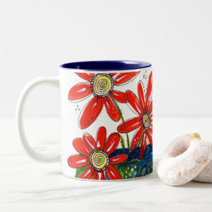 Whimsical Red Flowers Two-Tone Coffee Mug