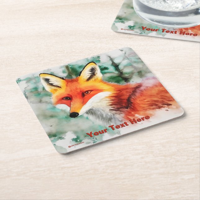 Whimsical Red Fox Square Paper Coaster (Angled)
