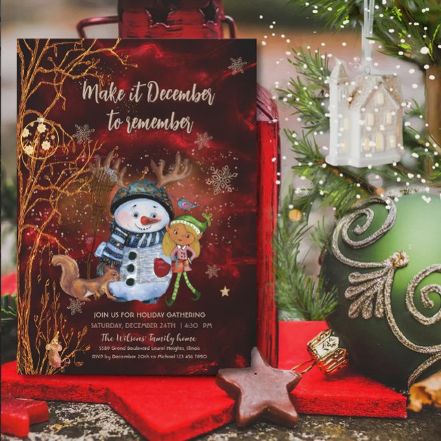 Whimsical Red Gold Snowman Elf Squirrel Christmas Invitation (Whimsical Red Gold Snowman Elf Squirrel Christmas Invitation)