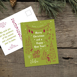 Whimsical Red & Green Christmas Scene Postcard