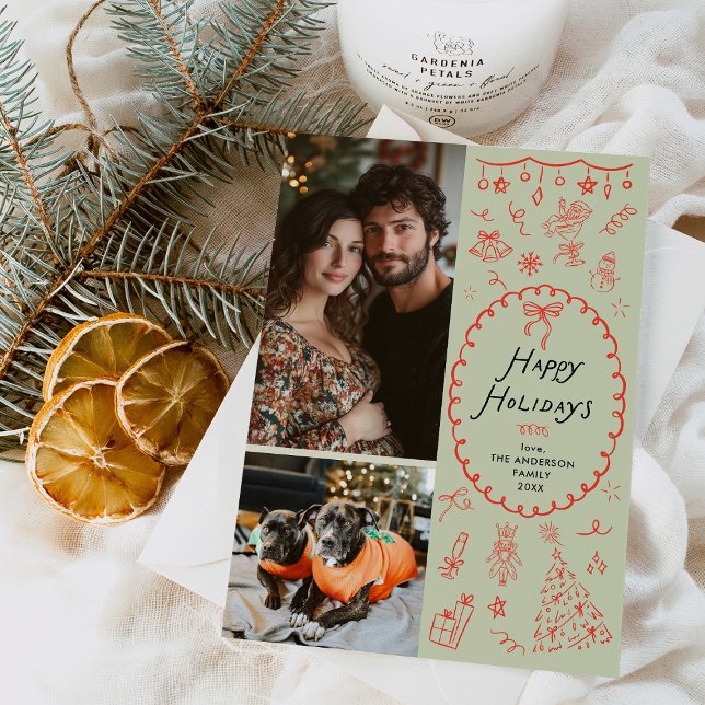 Whimsical Red Green Hand Drawn Icons 2 Photo Holiday Card (Creator Uploaded)