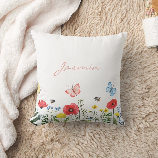 Whimsical Red Green Wildflower Butterflies Name Cushion (Blanket)
