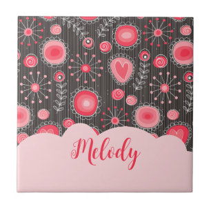 Whimsical red grey hearts and flowers floral name ceramic tile