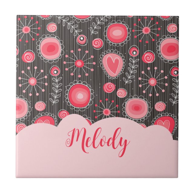 Whimsical red grey hearts and flowers floral name ceramic tile (Front)