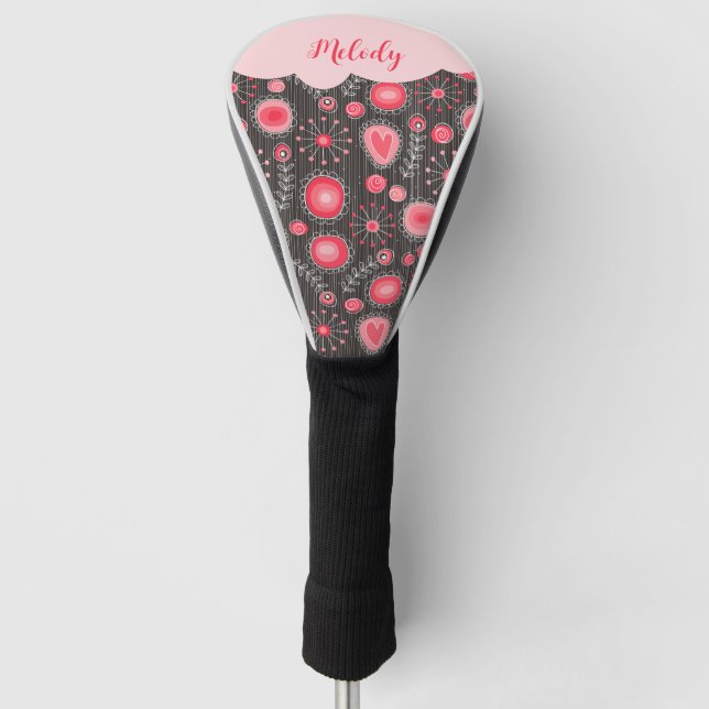 Whimsical red grey hearts and flowers floral name golf head cover (Front)