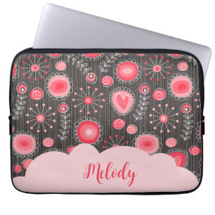 Whimsical red grey hearts and flowers floral name laptop sleeve