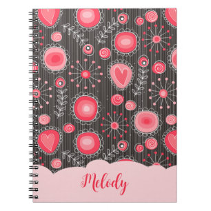 Whimsical red grey hearts and flowers floral name notebook