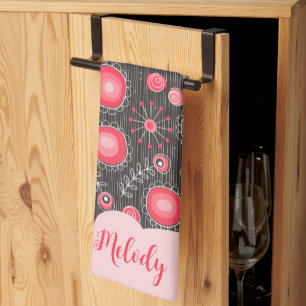 Whimsical red grey hearts and flowers floral name tea towel