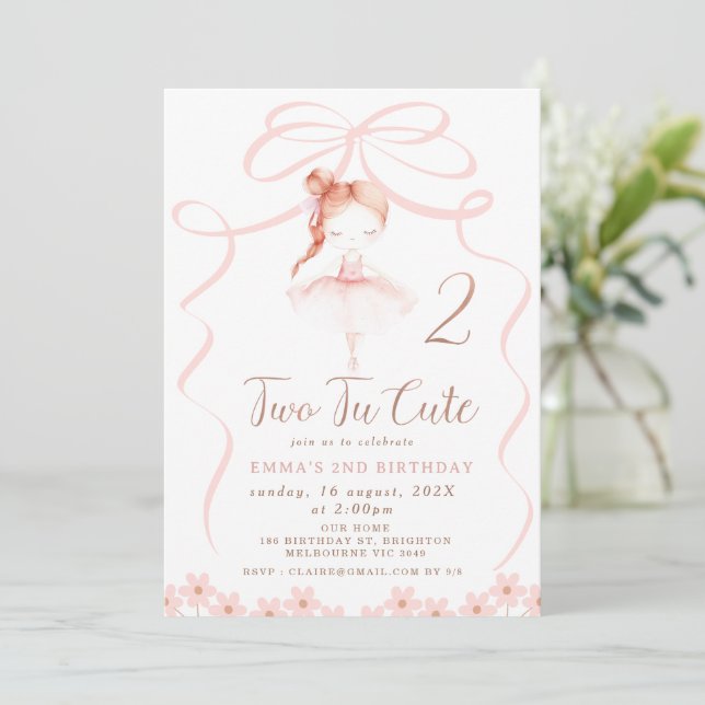 Whimsical Red Hair Ballerina Two Tu Cute Birthday  Invitation (Standing Front)