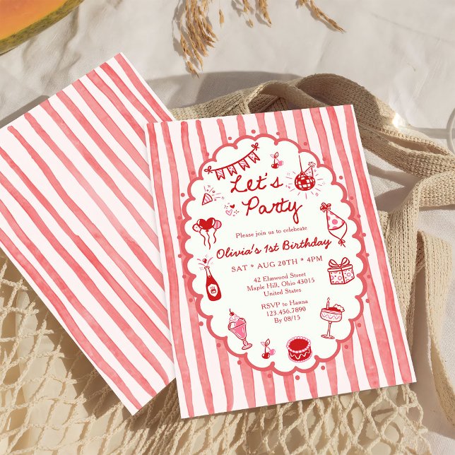 Whimsical Red Hand-Drawn Birthday Party Invitation (Creator Uploaded)