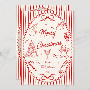 Whimsical Red Hand Drawn Doodles Christmas Photo Holiday Card