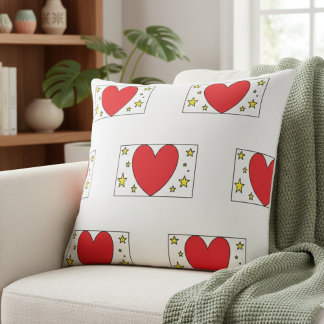 Whimsical Red Heart and Gold Stars Christmas Throw Cushion