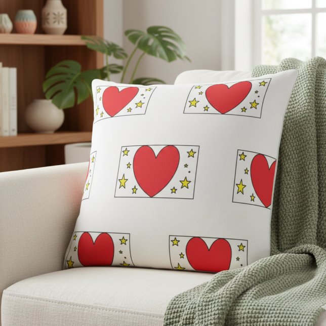 Whimsical Red Heart and Gold Stars Christmas Throw Cushion (Creator Uploaded)