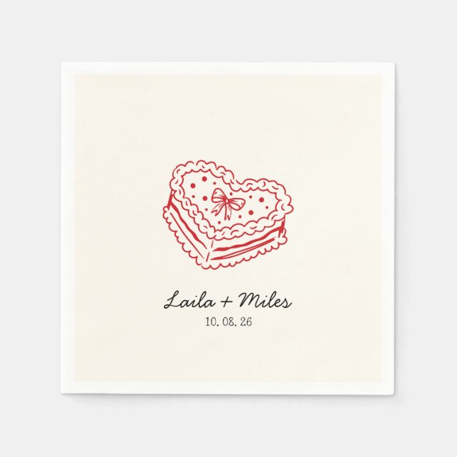 Whimsical red heart minimalistic wedding  napkin (Front)
