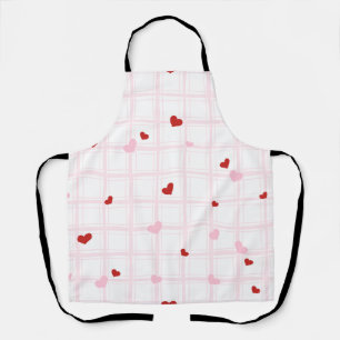 Whimsical Red Hearts Pink Grid Pattern Apron
