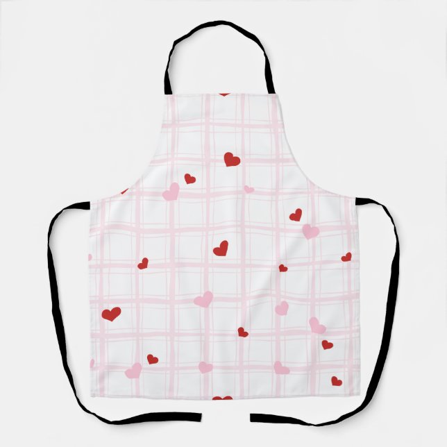 Whimsical Red Hearts Pink Grid Pattern Apron (Front)