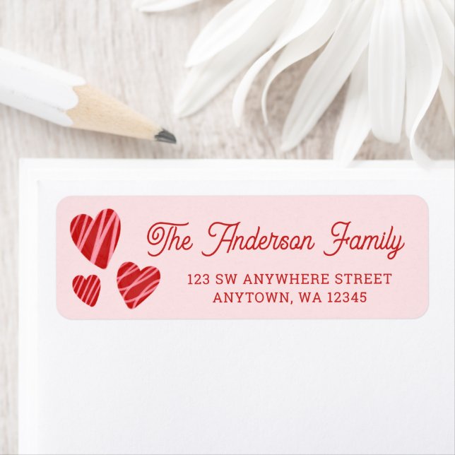 Whimsical Red Hearts Pink Return Address Label (Insitu)