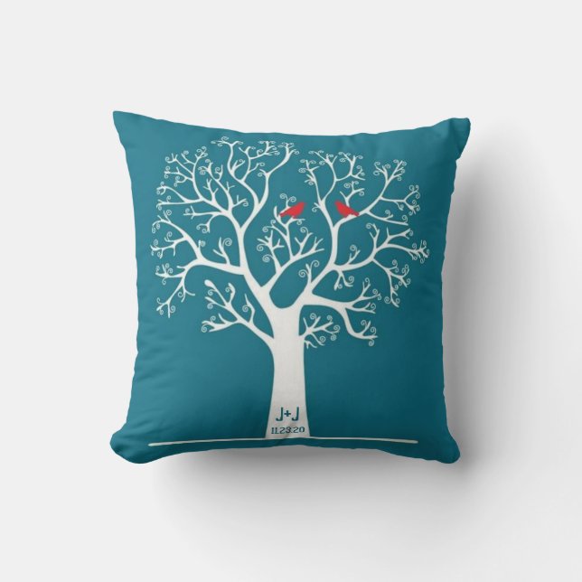 Whimsical Red Love Birds in Tree Teal Blue Custom Cushion (Front)
