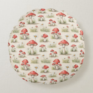 Whimsical Red Mushroom & Grass Watercolor Pattern Round Cushion
