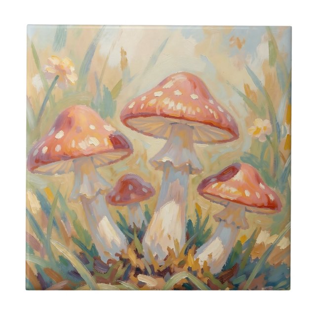 Whimsical Red Mushrooms Meadow Painting Ceramic Tile (Front)