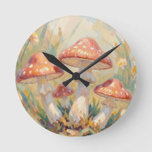 Whimsical Red Mushrooms Meadow Painting Round Clock