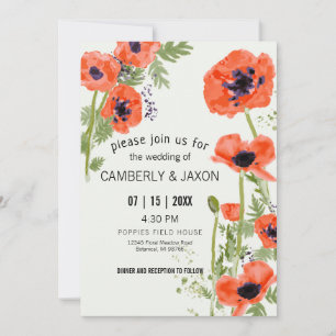 Whimsical Red Orange Poppies Watercolor Wedding Invitation