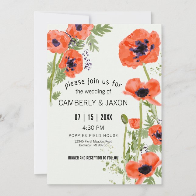 Whimsical Red Orange Poppies Watercolor Wedding Invitation (Front)