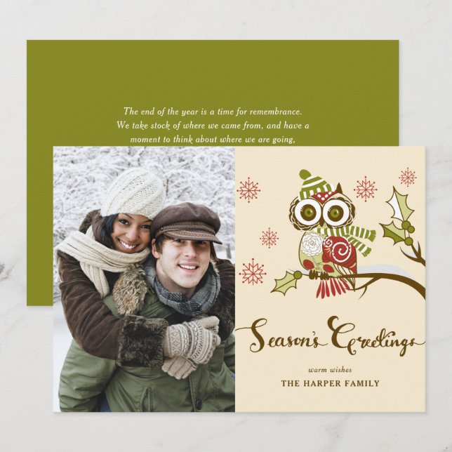 Whimsical Red Owl and Snowflakes Holiday Photo Card (Front/Back)