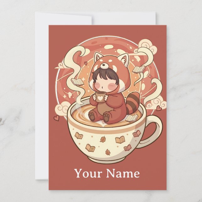  Whimsical Red Panda Coffee Greeting Card (Front)