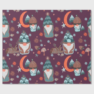 Whimsical Red Pattern Gnome Christmas Garden Moon Wrapping Paper