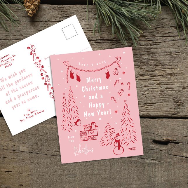 Whimsical Red & Pink Christmas Scene Postcard (Creator Uploaded)