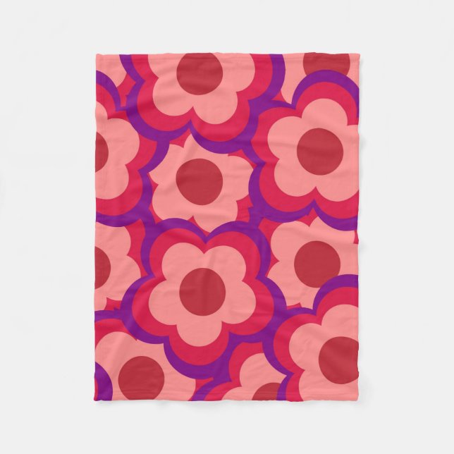 Whimsical Red & Pink Floral Retro, Bold Preppy  Fleece Blanket (Front)