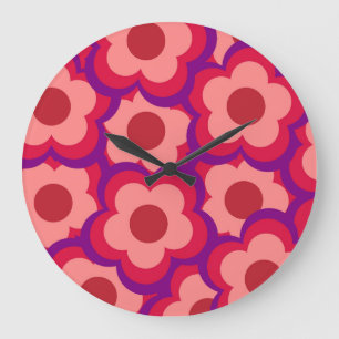 Whimsical Red & Pink Floral Retro, Bold Preppy  Large Clock