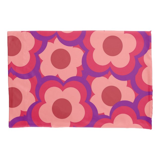 Whimsical Red & Pink Floral Retro, Bold Preppy Pillowcase (Front)