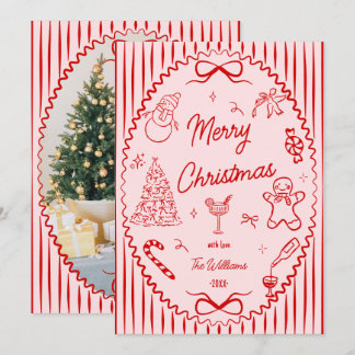 Whimsical Red Pink Hand Drawn Christmas Photo  Holiday Card
